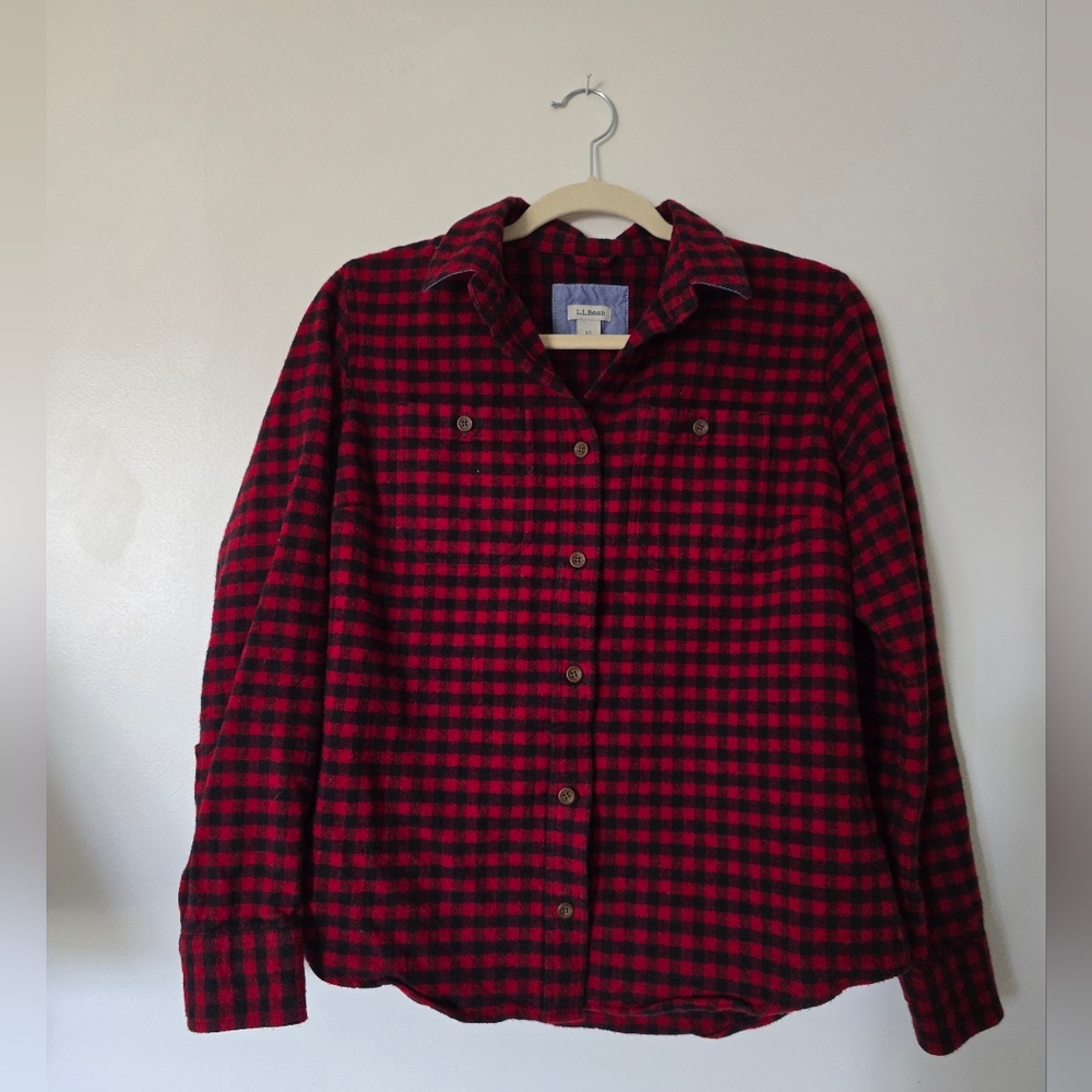 L.L. Bean Womens XS Red Check 100% Brushed Soft Button Down Flannel Shirt